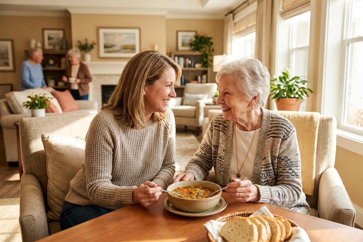 Two adults smiling at each other over a bowl of soup and bread at a table in a cozy living room.