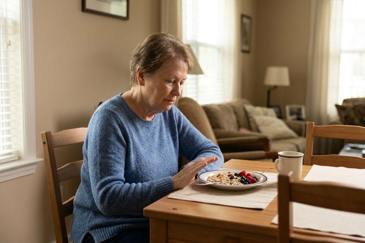 Older adult in a blue sweater at a dining table, hand raised over a bowl of oatmeal with berries, looking down.