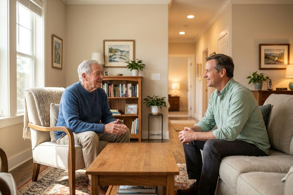 An older adult and their family member sit across from each other in a living room, smiling and talking.