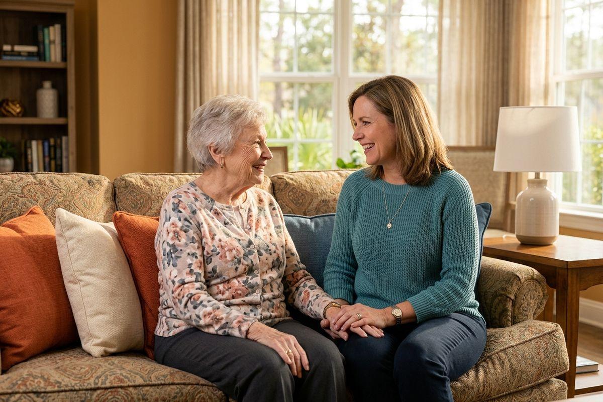 Two adults sitting on a couch holding hands, smiling at each other in a bright living room.